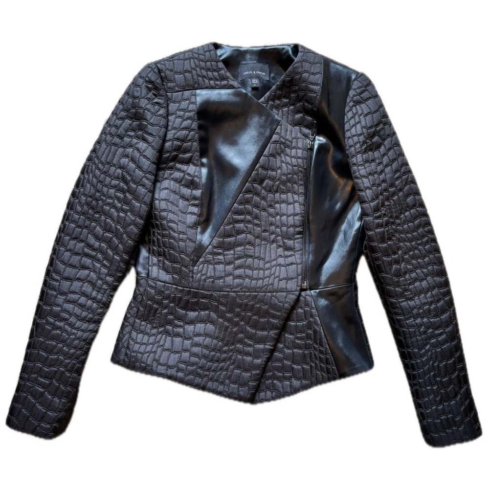 Judith and Charles Black Snake Print Jacquard Leather Blazer Jacket Asymmetrical